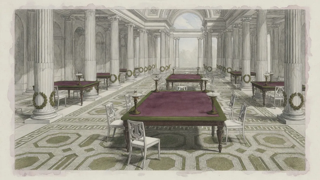 Colonnaded gallery of gaming tables