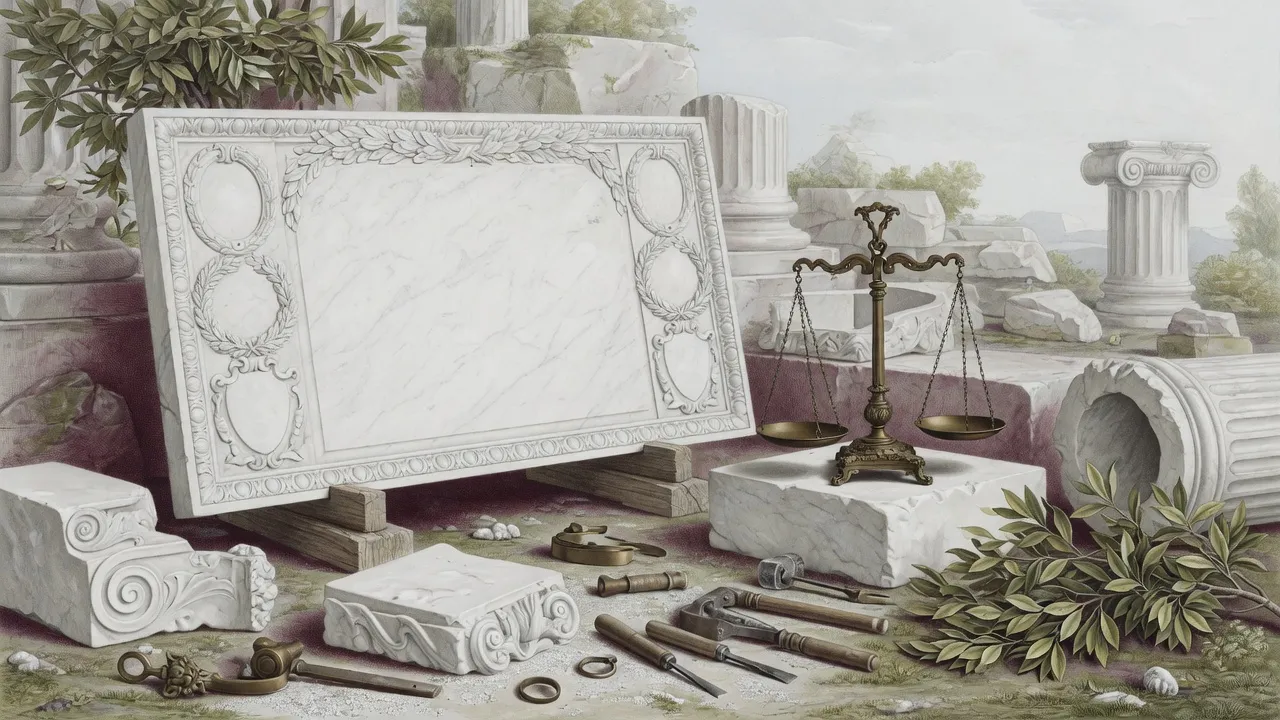 Stonecutter's yard with tablet and bronze scales